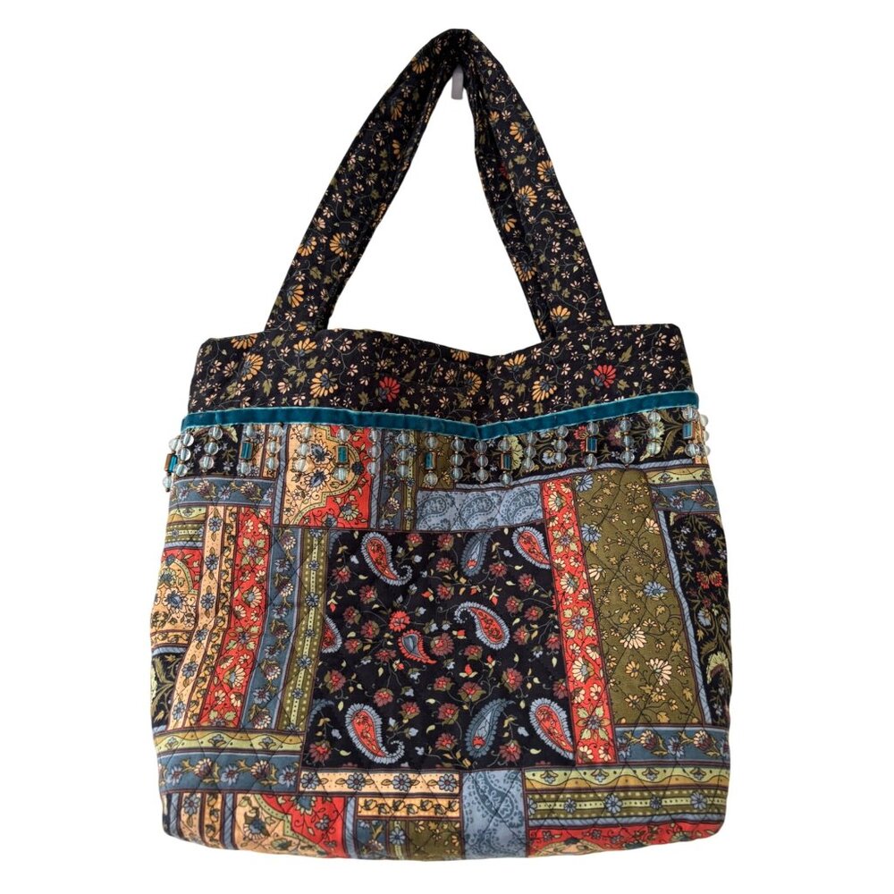 Handcrafted Boho Patchwork Tote Bag With Floral & Paisley Patterns Beaded Trim